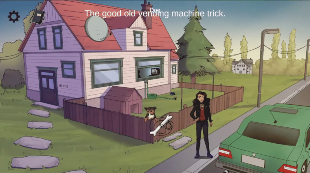 Screenshot from the game Prey and Promise, exterior of a house in the suburbs, with a dog behind some fencing