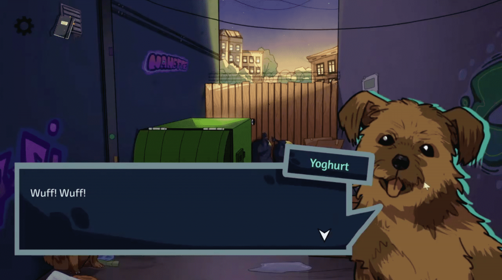 screenshot from the game Prey and Promise, dialogue with the dog "Yoghurt" who's barking.