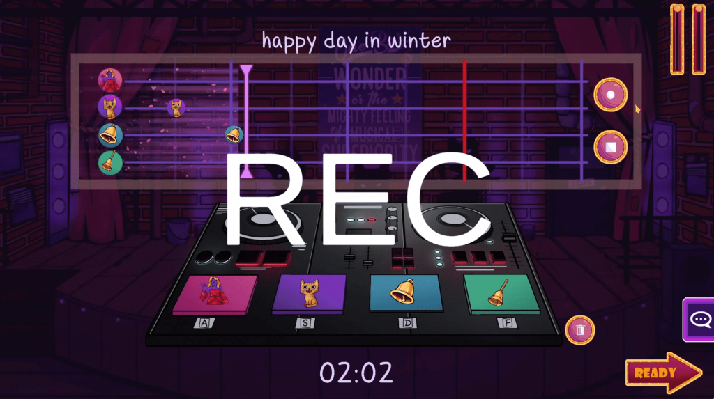 screenshot of recording stage in one bar wonder, shows the piano roll, a dj console and a recording in progress